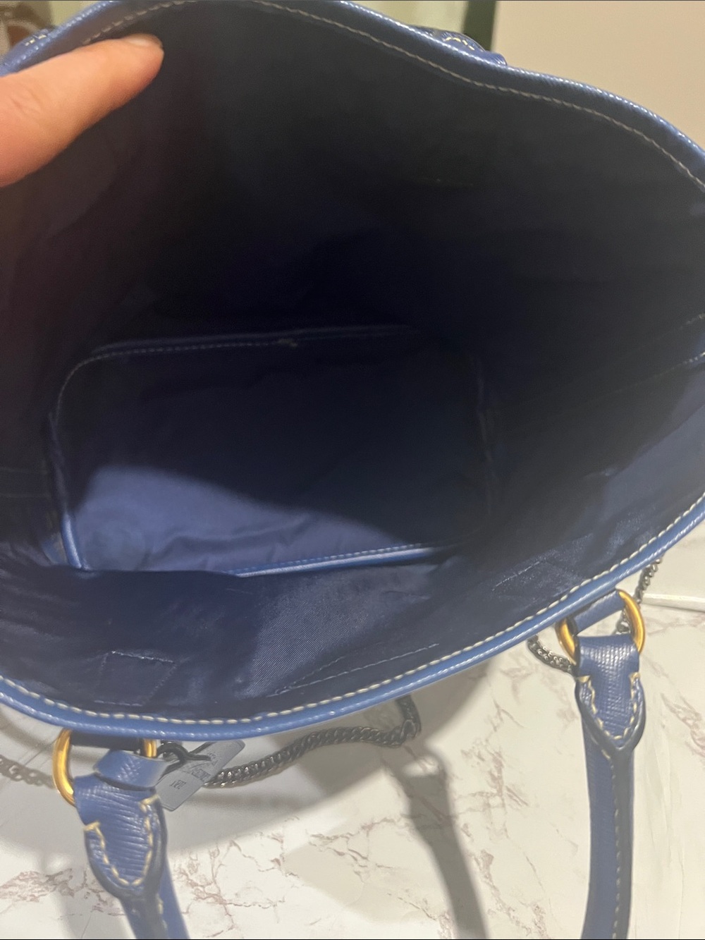 Prada Navy Perforated Patent Leather Shoulder Tote with Chain Strap - Picture 7 of 10